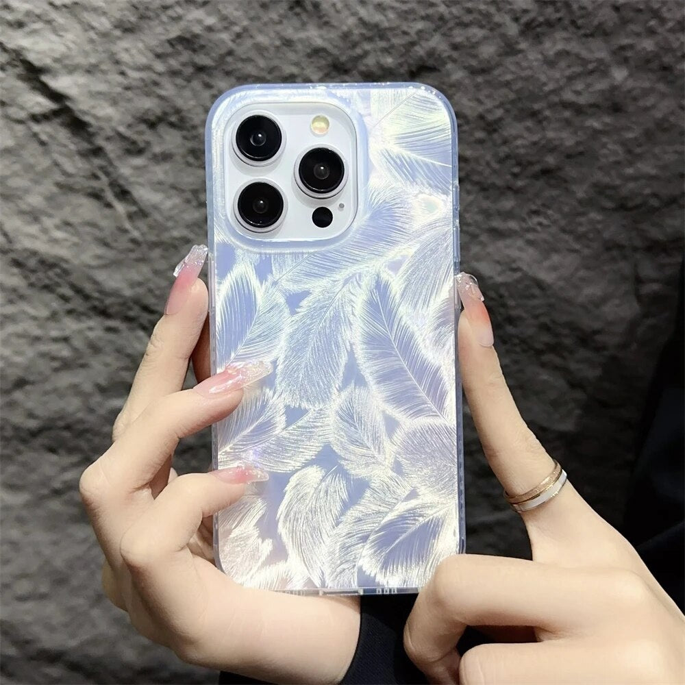 Bling Glitter Colorful Dream Feather Art Laser Gradient Luxe Holographic Leaf Sparkling Cover