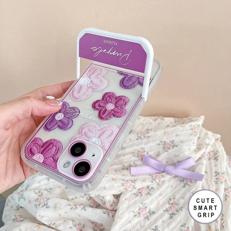 3D Cute Creative Purple Flower Cartoon Oil Painting Floral Decor Wave Curly Edge Invisible Stand Holder Case
