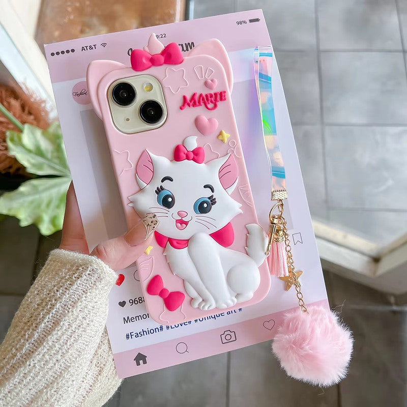3D Marie Kitty Bow Cartoon Wrist Holder with Charm Hair Ball Furr Pendant Adorable Cat Kawaii Case