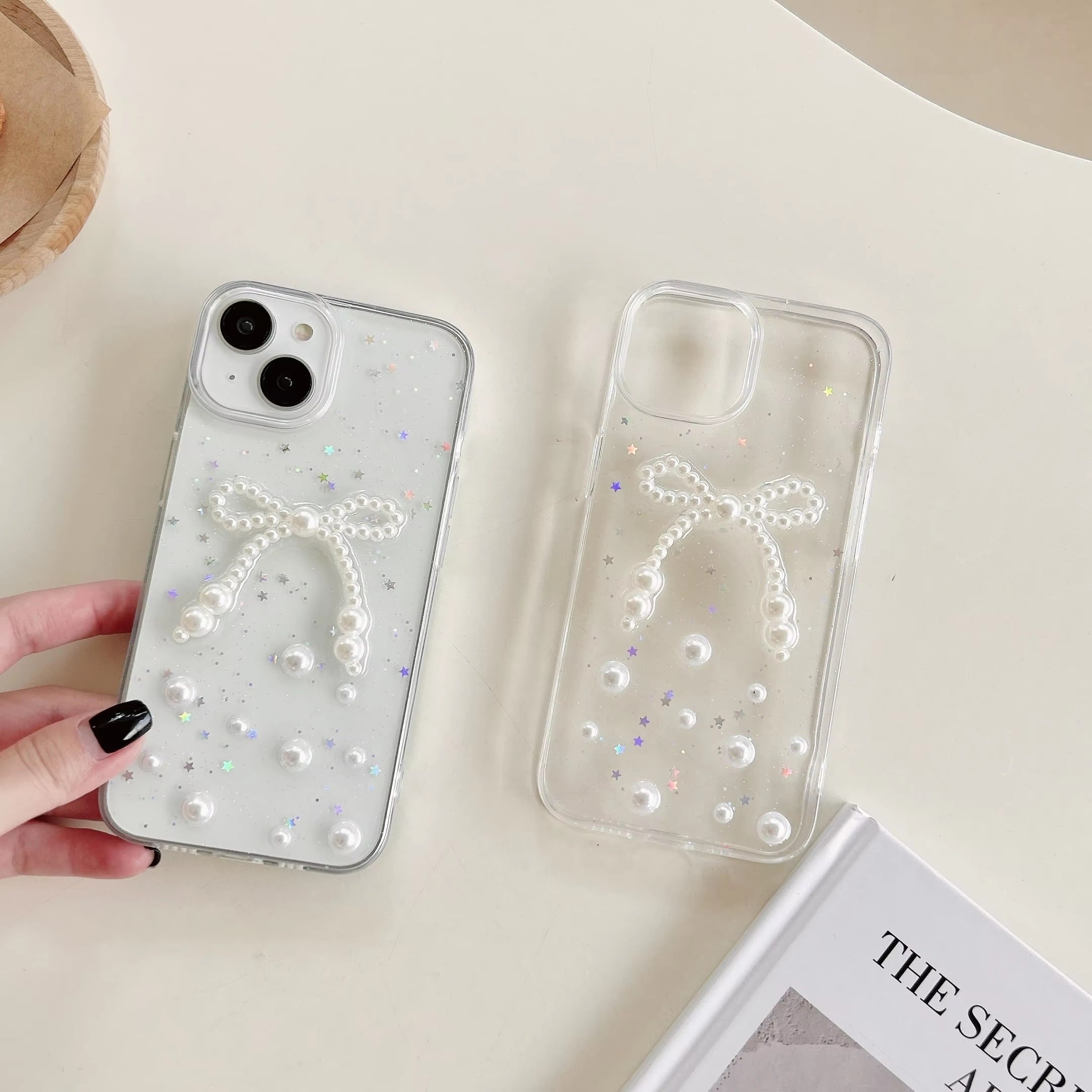 Luxury Translucent Pearl Bow Shinning Stars Resin Phone Case