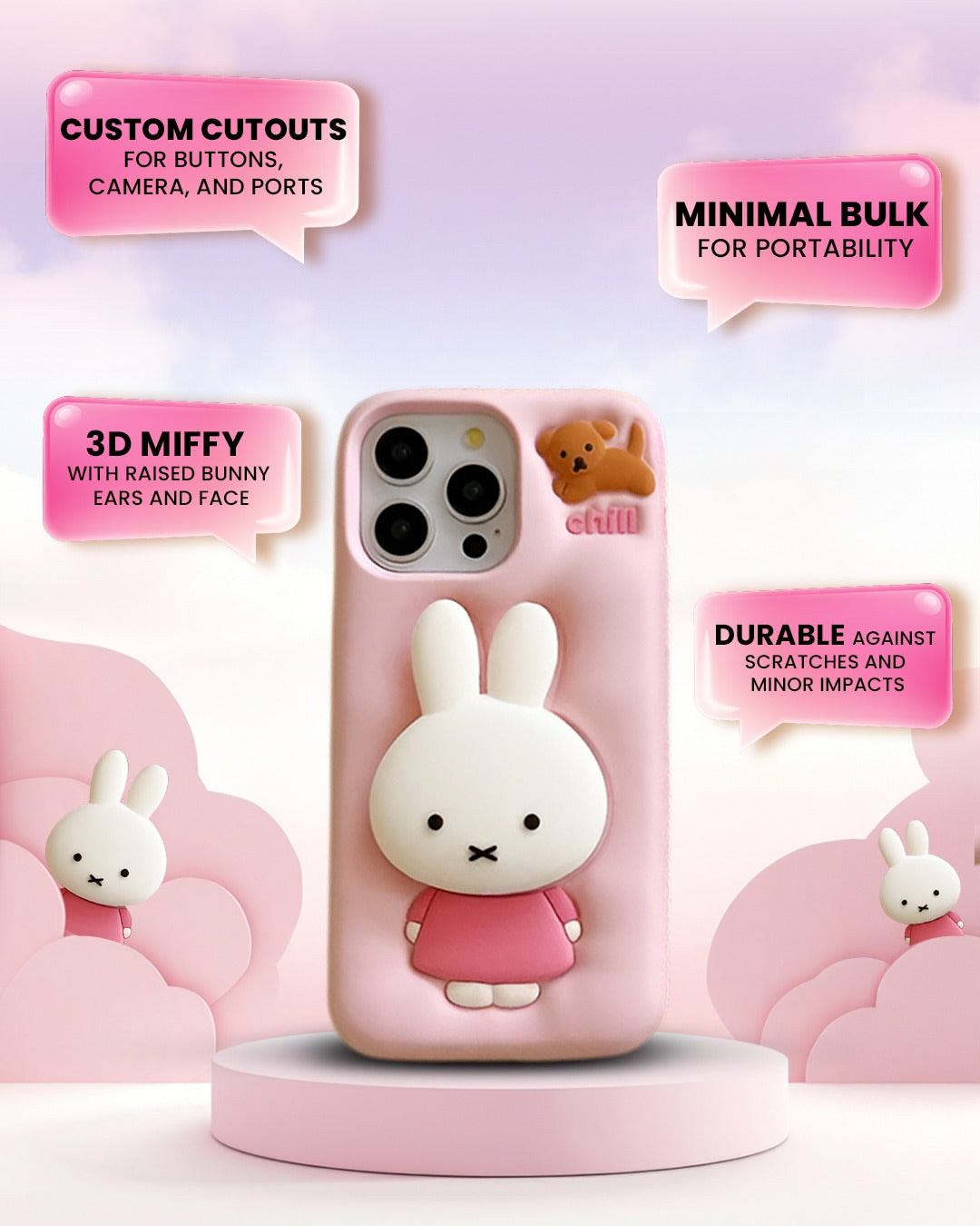 3D Miffies Bunny Cute Cartoon Kawaii Adorable Miffy Rabbit Pink Floral Pop Case with Holder