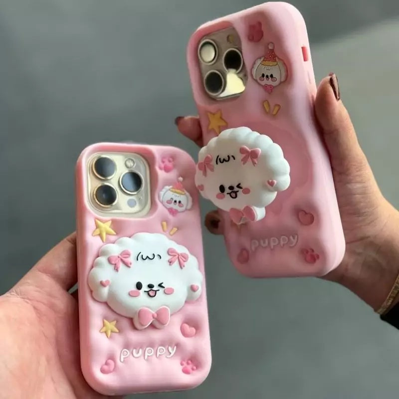 3D Puppy Knot Cartoon Dog Love Pastel Pink Phone Holder Kawaii Case