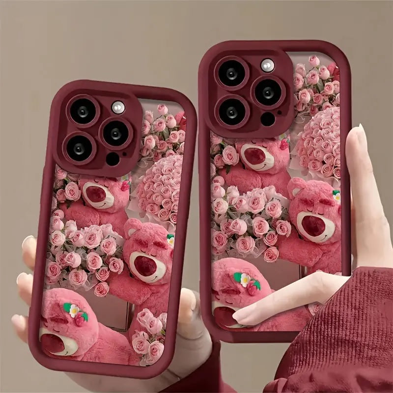 Hot 3D Rose Bear Strawberry Teddy Flower Aesthetic Pattern Case - Pink