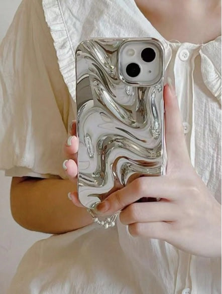 Metallic Silver Swirl Hot 3D Minimalist Faux Wave Cute Design Aesthetic Cover for Girls