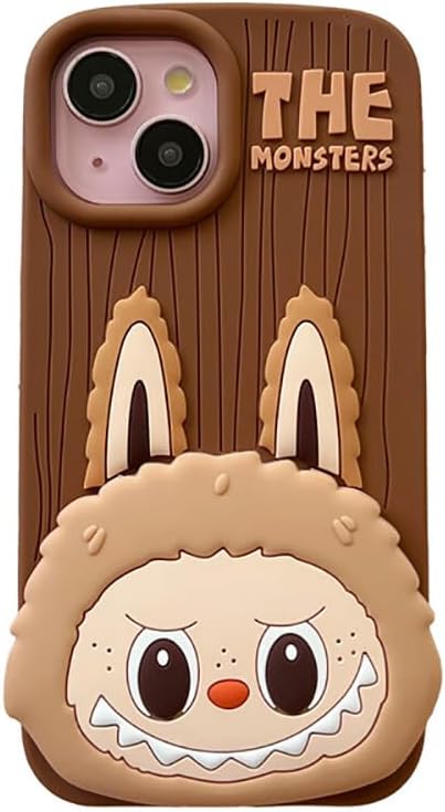 3D The Monster Labubu Mirror Cartoon Phone Holder Stand Makeup Brown Case