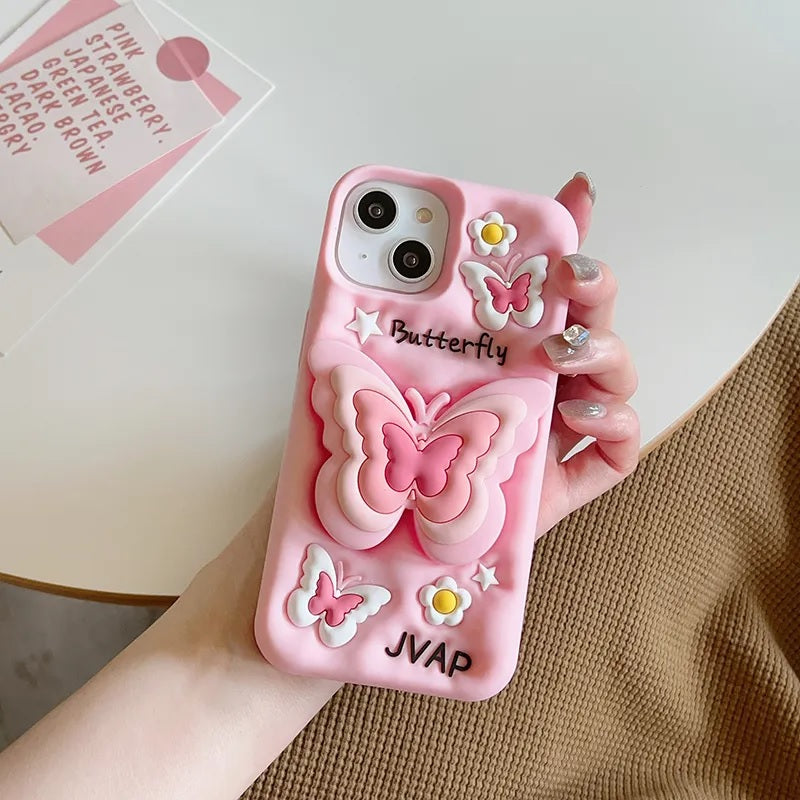 3D Cartoon Butterfly Flower Pop Stand Phone Case with Holder