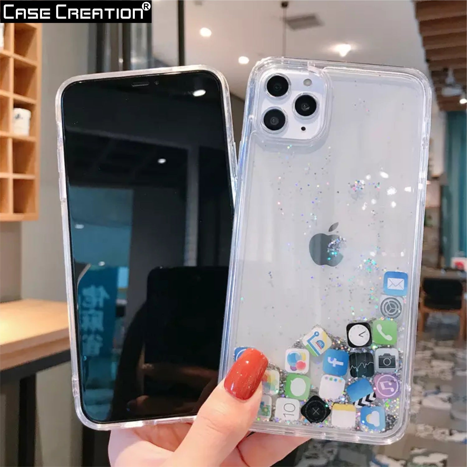 Liquid Glitter Bling Quicksand with iOS Acrylic Icon Sparkle Floating App Case