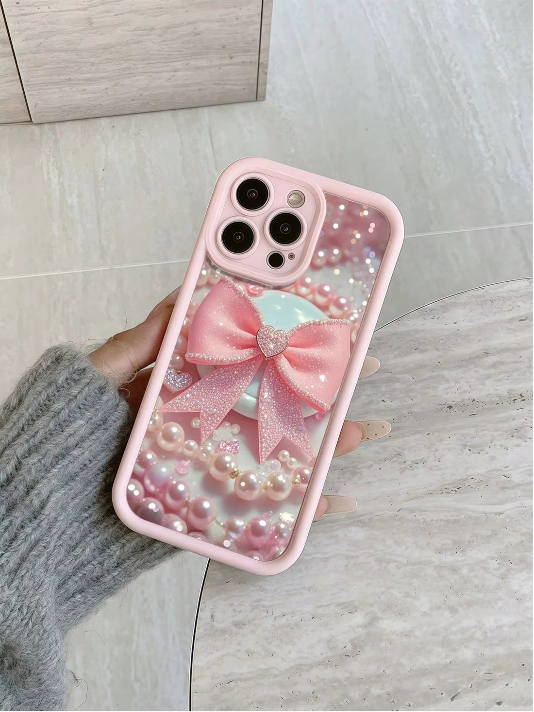 3D Hot Necklace BowKnot Pastel Pink Ribbon Bow Pearl Cute Design Silicone Aesthetic Print Case