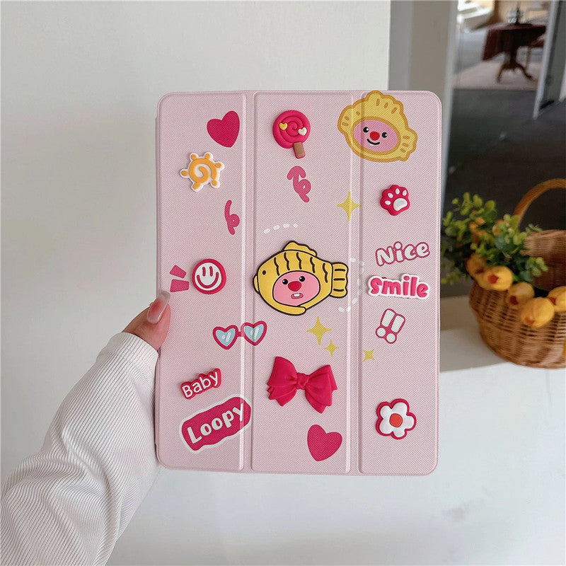 3D Cute Cartoon Doodle Loopy Pig Leather Tablet iPad Flip Case,Candy Smile Auto Wake/Sleep Colorful Floral Stand with Pencil Holder Cover