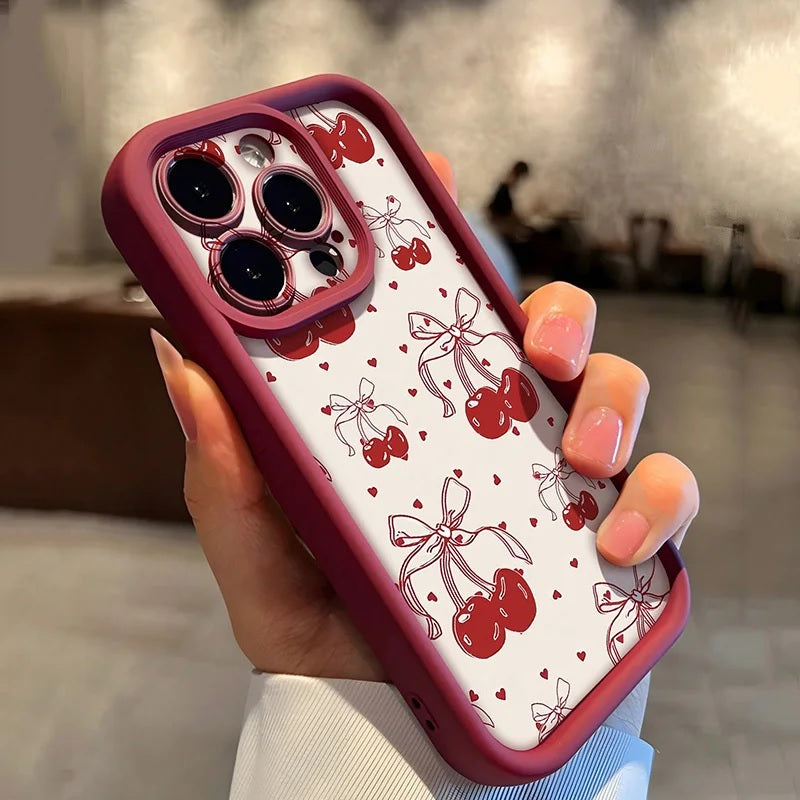3D Ribbon Hot Red Cherry Pattern Bow Cute Design Fashion Aesthetic Case