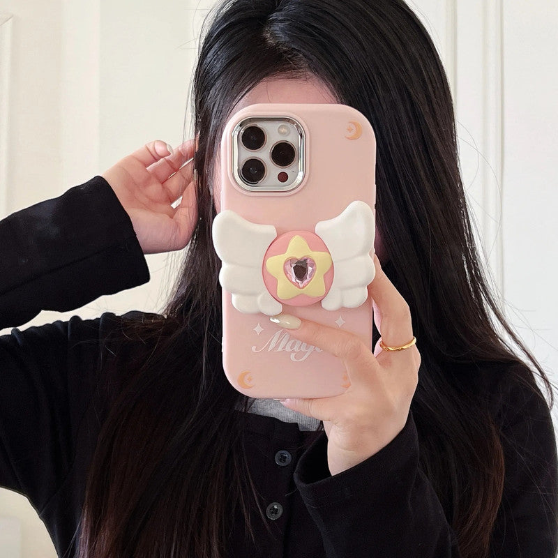 3D Cute Magical Fairy Angel Wings Folding fly Cartoon Magic Stars Heart Shaped Diamond Phone Stand Holder Case