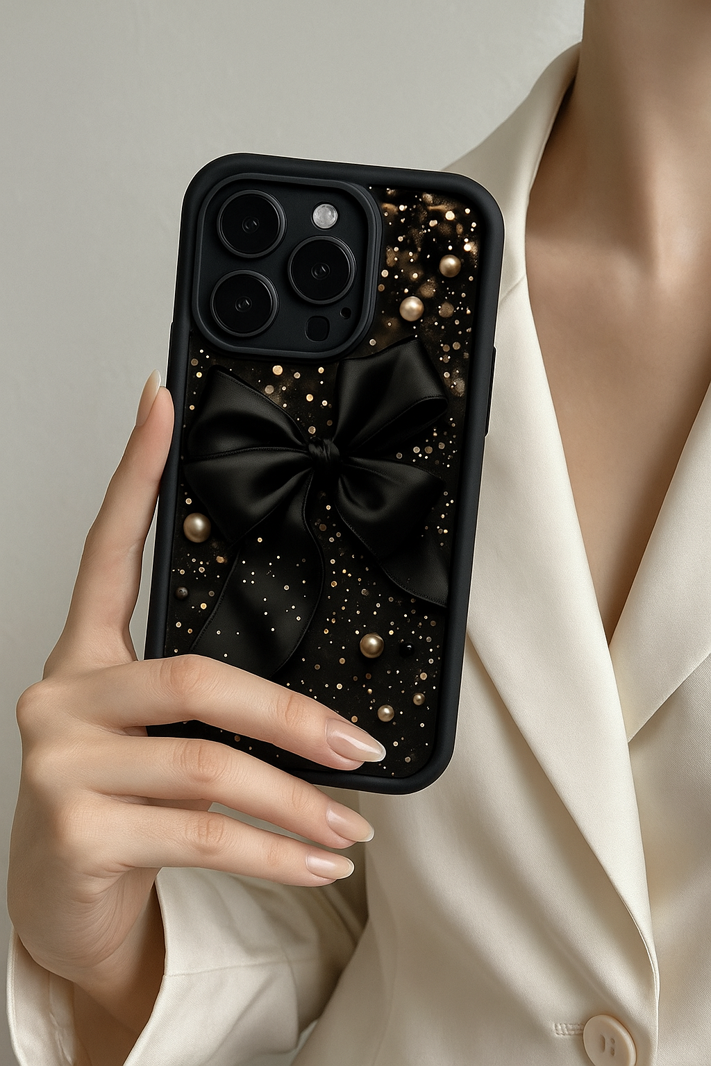 3D Hot Black Bow Glitter Minimalist Pearl Ribbon Cute Design Silicone Aesthetic Print Case