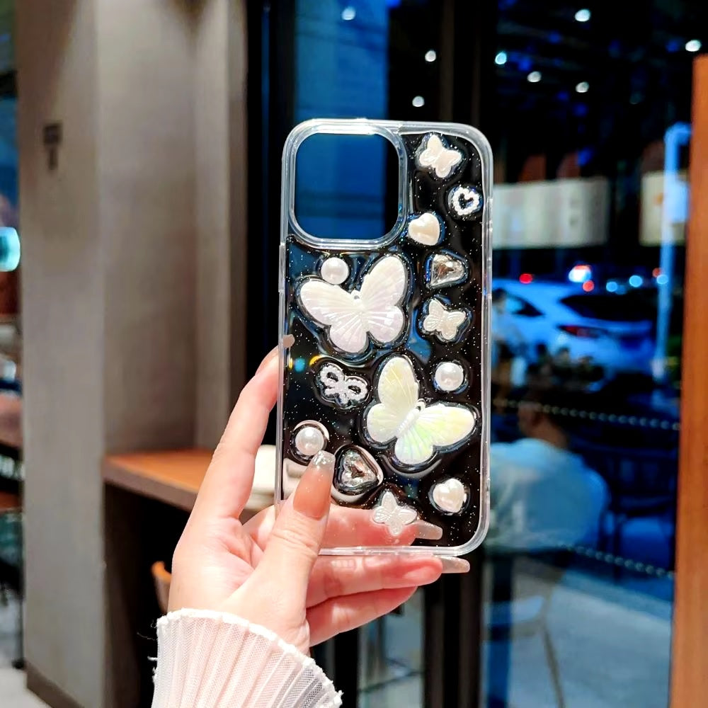 Luxury Translucent Butterfly Diamond Pearl Heart Resin Phone Case