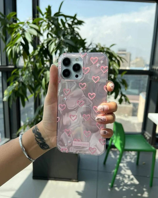 3D Heart Aesthetic Handcrafted Real Pearl Accents & Iridescent Holographic Waves (Blush Silver & Pearlescent Silver)