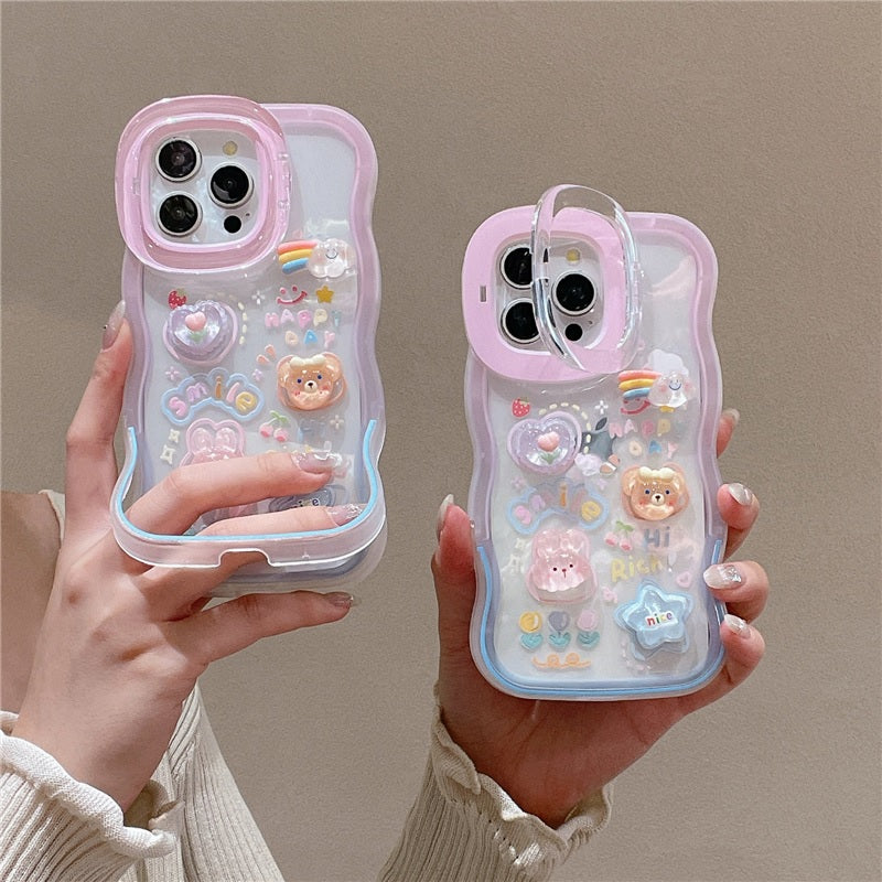 3D Cute Creative Bear Flower Cartoon Rabbit Star Floral Decor Wave Curly Invisible Double Phone Stand Holder
