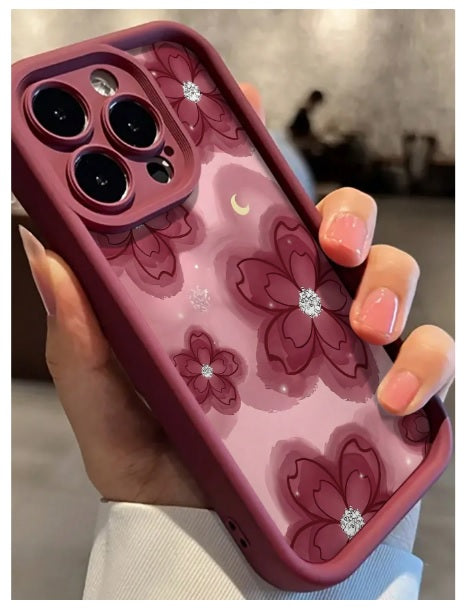 3D Hot  Red Floral Sparkle Diamond Flower Cute Design Silicone Aesthetic Print Case