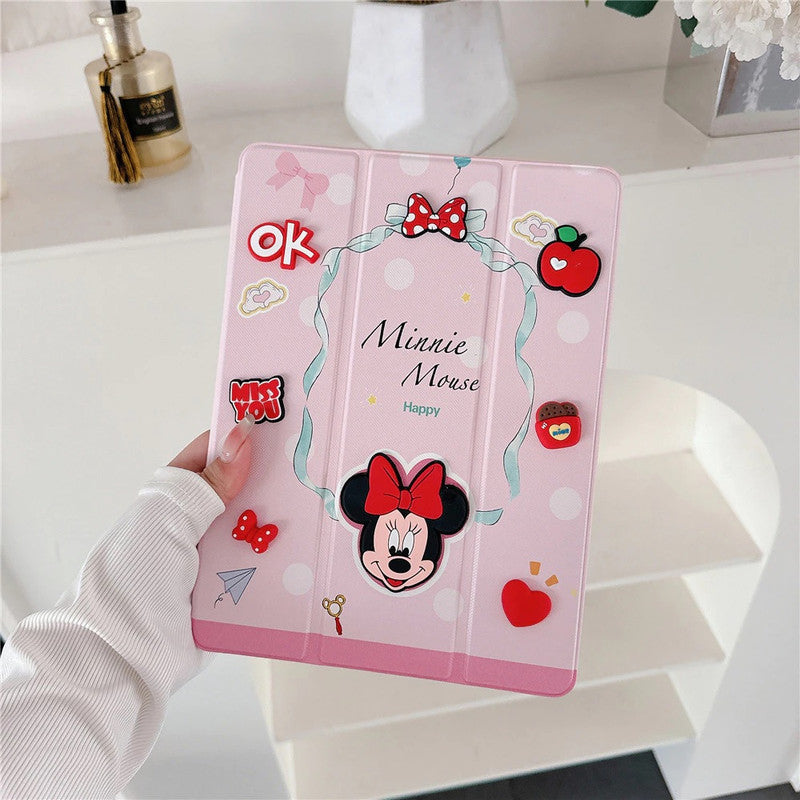 3D Cute Cartoon Minnie Happy Mouse PU Leather Tablet iPad Flip Case,Bow Auto Wake/Sleep Colorful Floral Stand with Pencil Holder Cover
