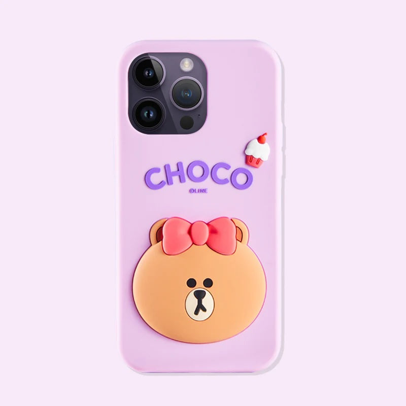 3D Cartoon Line Friends Choco Cute Teddy Soft Silicone Grip Pop with Holder Lavender Case
