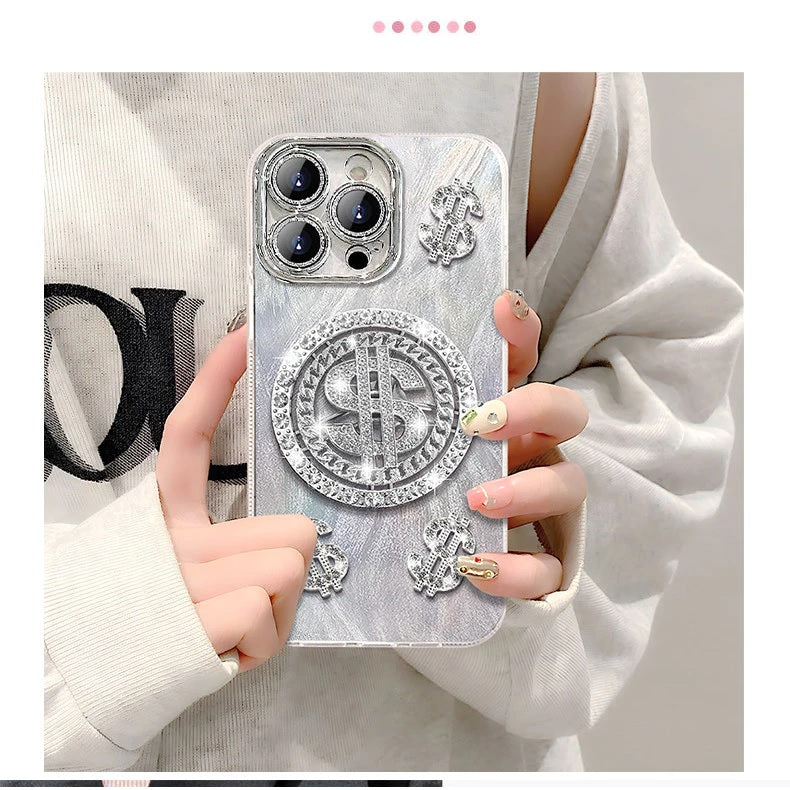 3D Dollar Rotation Spinner Lens Glitter Diamond Silver Dream Casino Money Game Play Case