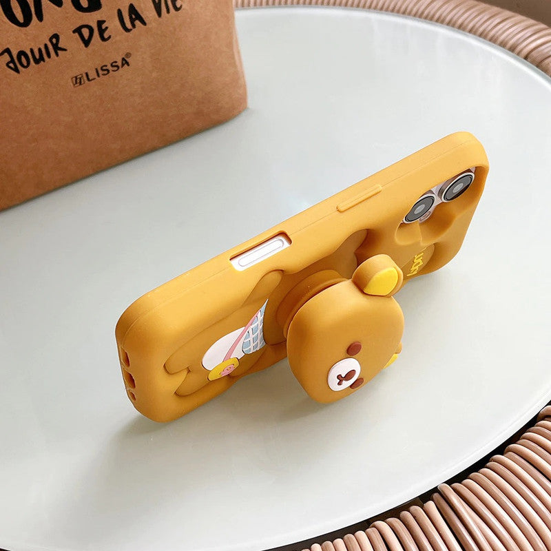 3D Rilakkuma Bear Cartoon Lucky Teddy Bear Love Pastel Brown with Pop Phone Holder