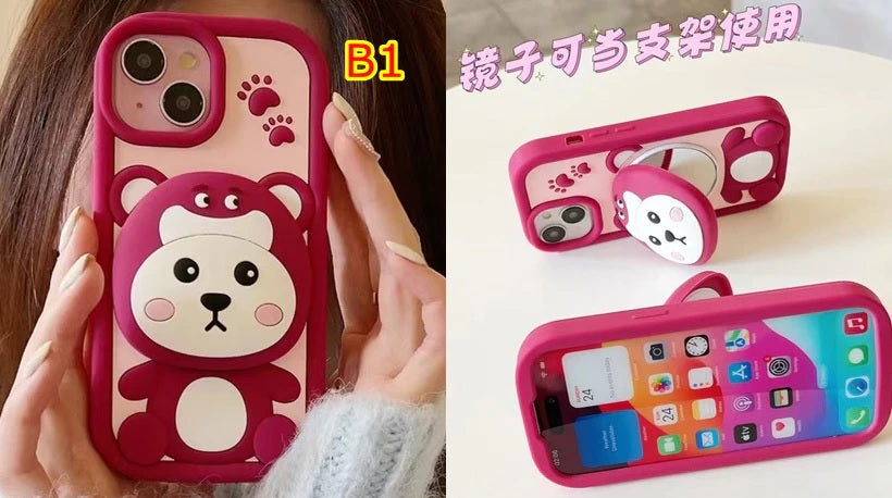 3D Strawberry Teddy Bear Makeup Mirror Cartoon Stand Case