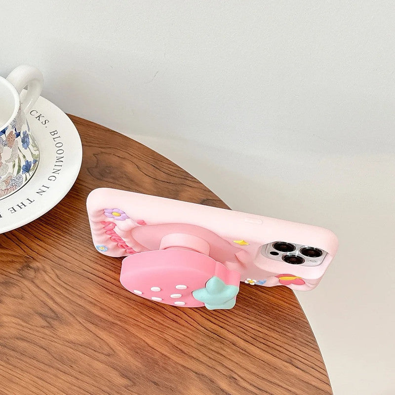 3D Strawberry Sweet Cartoon Kawaii Adorable Cute Lovely Butterfly Pink Pop Case with Holder