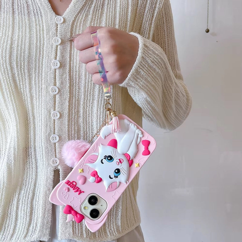 3D Marie Kitty Bow Cartoon Wrist Holder with Charm Hair Ball Furr Pendant Adorable Cat Kawaii Case