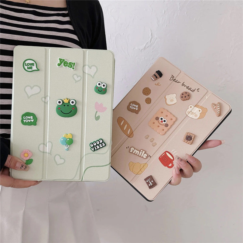 3D Cute Cartoon Bread Biscuit PU Leather Tablet iPad Flip Case,Smile Coffee Auto Wake/Sleep Colorful Floral Stand with Pencil Holder Cover
