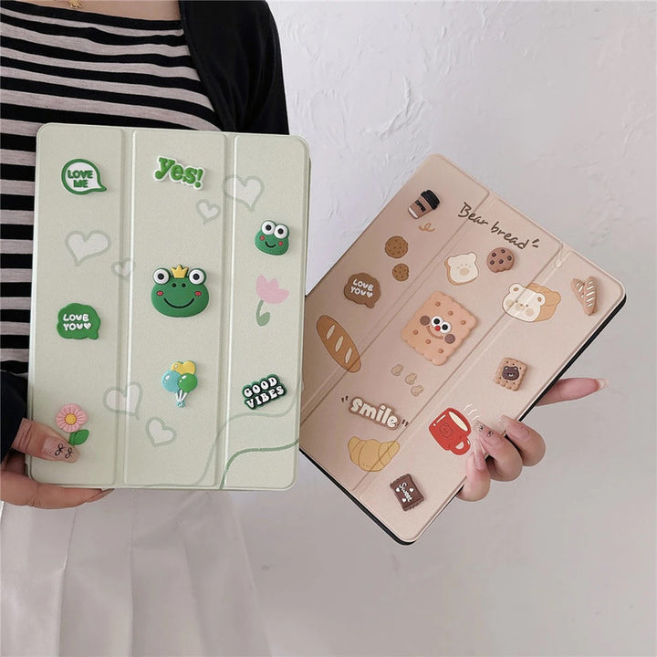 3D Cute Cartoon Bread Biscuit PU Leather Tablet iPad Flip Case,Smile Coffee Auto Wake/Sleep Colorful Floral Stand with Pencil Holder Cover