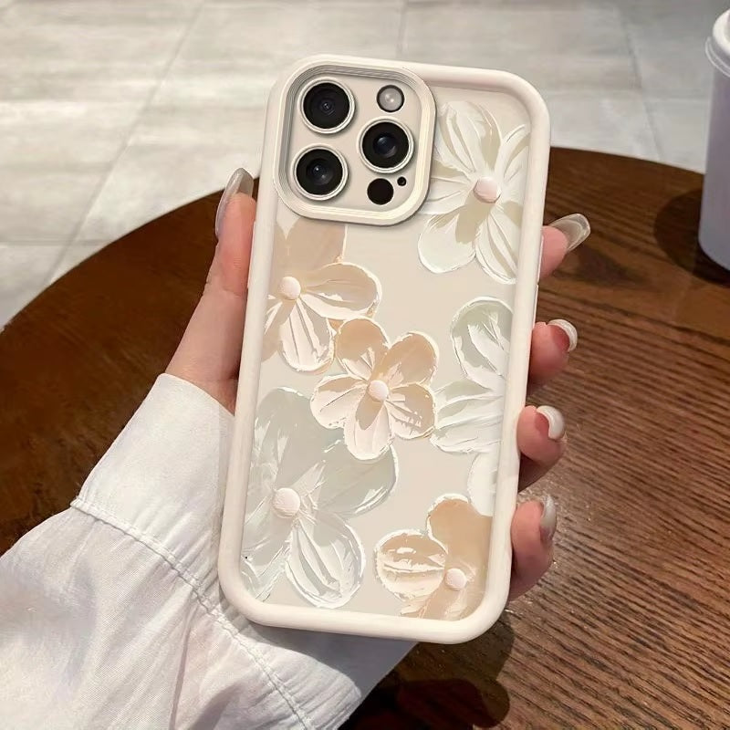 Floral Cream Hot 3D Handpainted Flower Cute Design Aesthetic Print Case - Beige