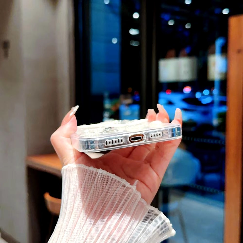 Luxury Translucent Butterfly Diamond Pearl Heart Resin Phone Case