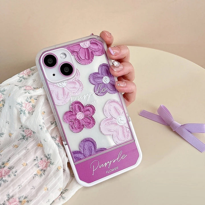 3D Cute Creative Purple Flower Cartoon Oil Painting Floral Decor Wave Curly Edge Invisible Stand Holder Case