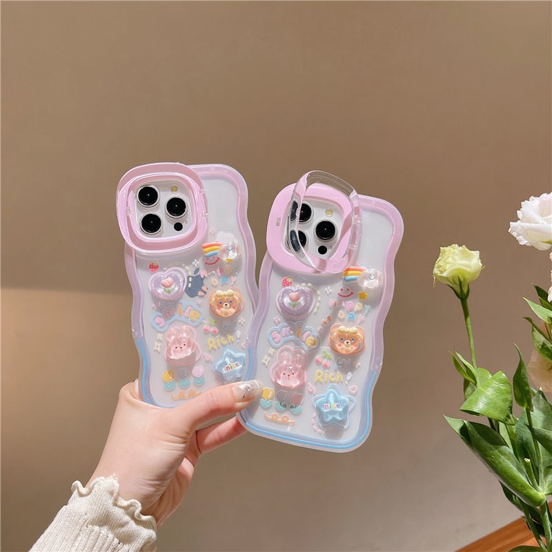 3D Cute Creative Bear Flower Cartoon Rabbit Star Floral Decor Wave Curly Invisible Double Phone Stand Holder