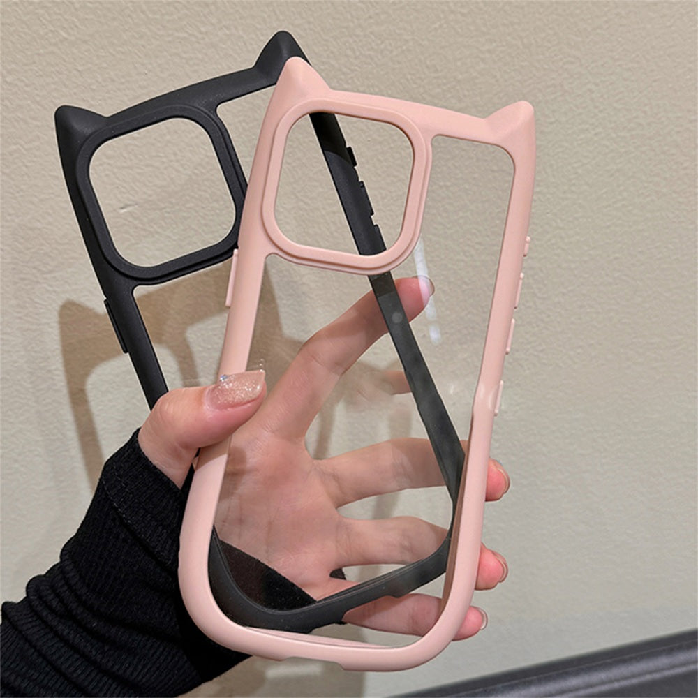 3D Cute CAT Ears Modelling Acrylic PC+TPU Silicone Clear shockproof bumper Phone Case