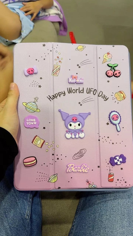 3D Cute Cartoon Kuromi Barbie PU Leather Tablet iPad Flip Case,Candy Auto Wake/Sleep Colorful Floral Stand with Pencil Holder Cover