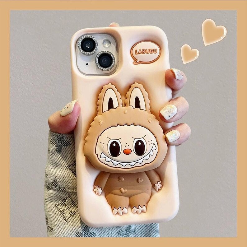3D Labubu Cartoon Cute Plush Love Cream Brown Phone Holder Plush Pop Aesthetic Case