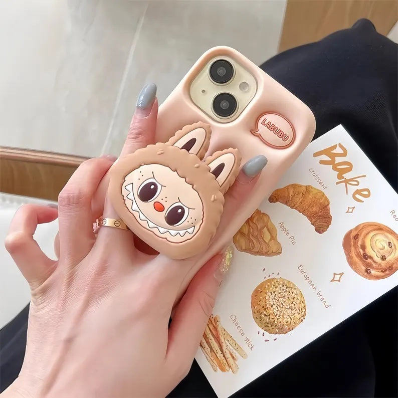 3D Labubu Cartoon Cute Plush Love Cream Brown Phone Holder Plush Pop Aesthetic Case