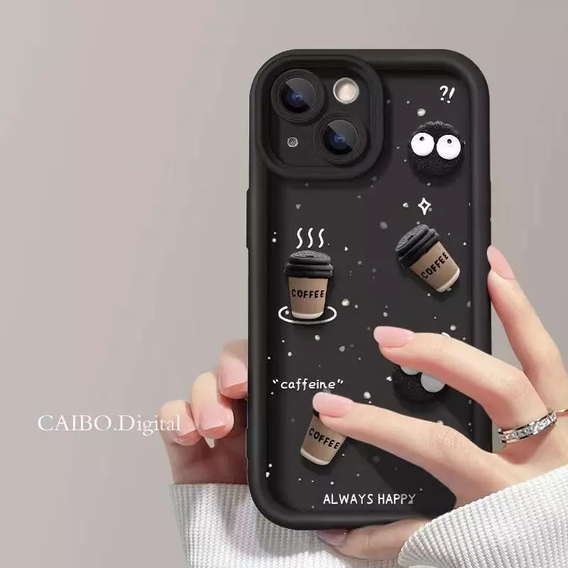 Luxury Cute Fun Cartoon Characters 3D Ball Coffee Cookies Lovers Silicone Case | Happy Black