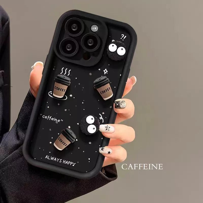 Luxury Cute Fun Cartoon Characters 3D Ball Coffee Cookies Lovers Silicone Case | Happy Black