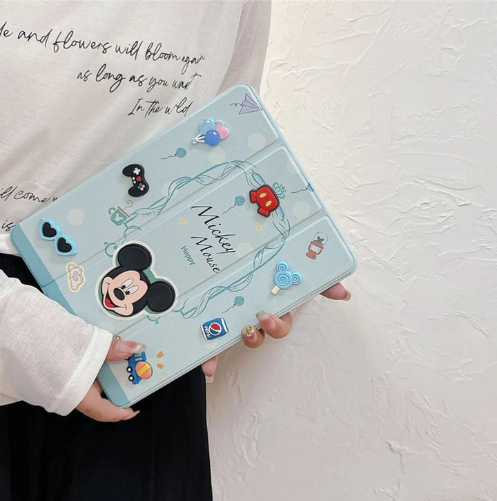 3D Cute Cartoon Mickey Happy Mouse PU Leather Tablet iPad Flip Case,Gaming Auto Wake/Sleep Colorful Floral Stand with Pencil Holder Cover