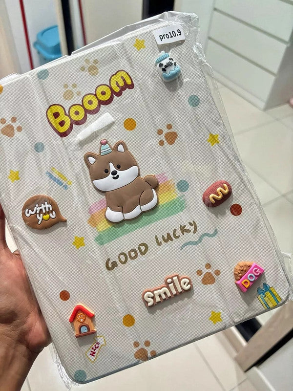 3D Cute Cartoon Kawaii Dog Puppy PU Leather Tablet iPad Flip Case,Smile Boom Auto Wake/Sleep Colorful Stand with Pencil Holder Cover