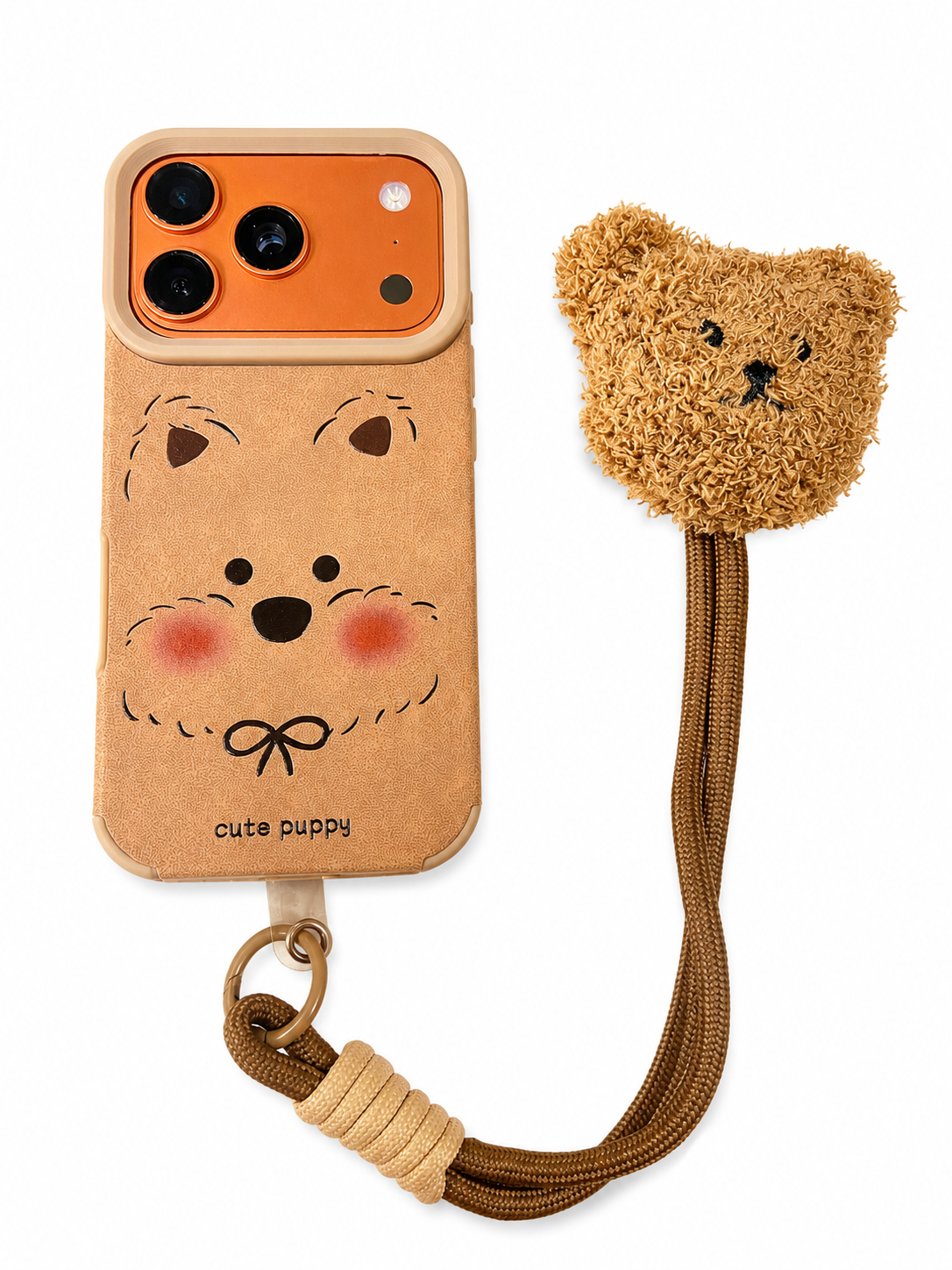 Leather Texture Cartoon Doll Teddy Bear Phone Case with Plush Teddy Lanyard Wrist Strap Puppy Face Brown Cover