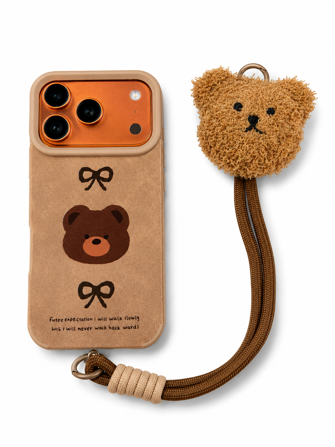 Leather Cartoon Teddy Bear Phone Case with Plush Teddy Lanyard Brown Teddy Wrist Strap Case