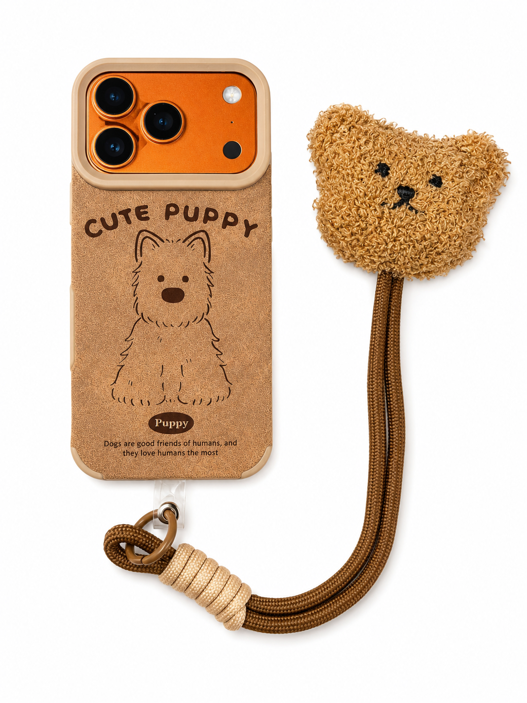 Cartoon Doll Teddy Bear Phone Case with Plush Teddy Lanyard Cute Puppy Dog Brown Wrist Strap Cover