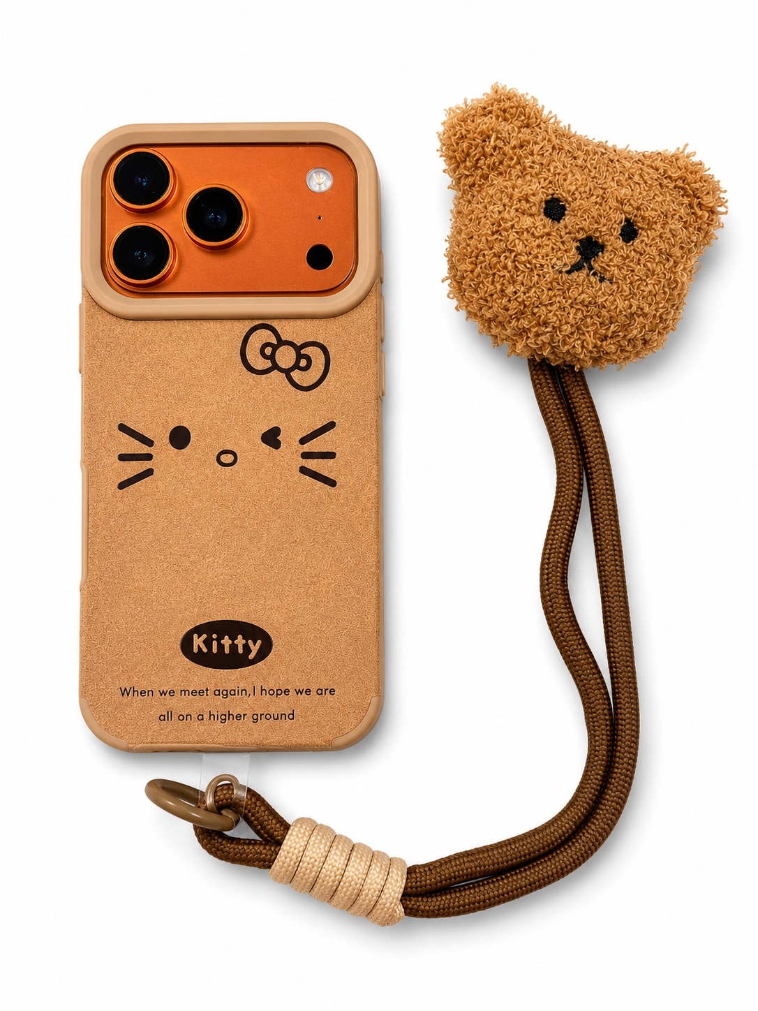 Cartoon Doll Teddy Bear Phone Case with Plush Teddy Lanyard Kitty Bow Pin Brown Wrist Strap Cover