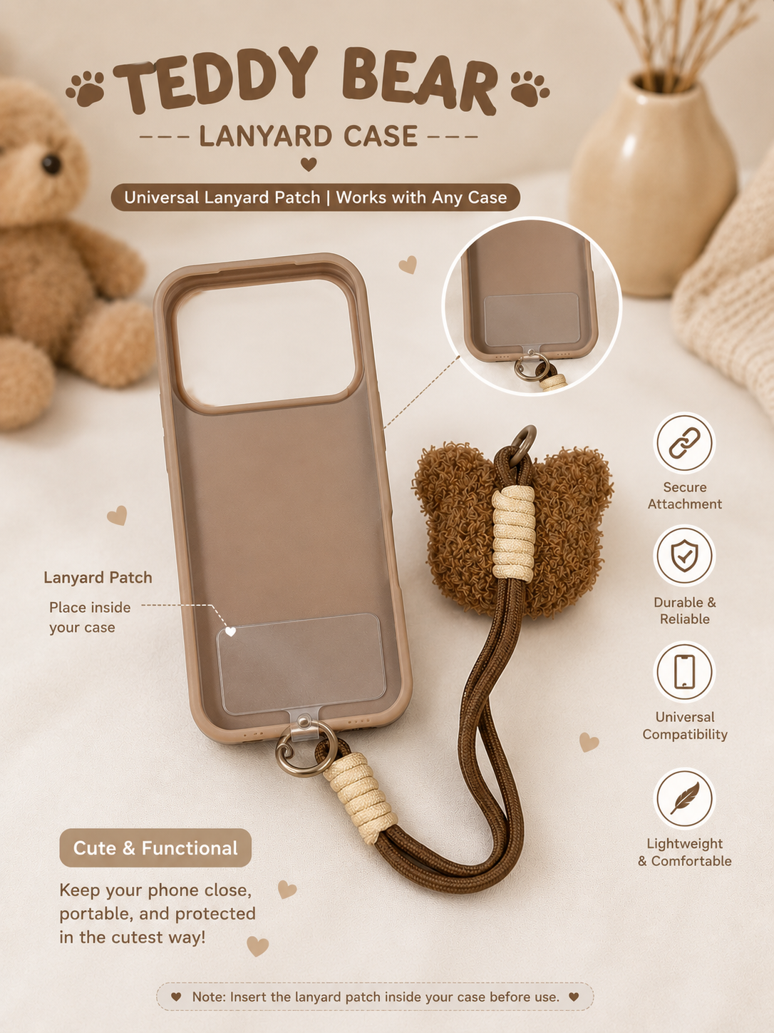 Cartoon Doll Teddy Bear Phone Case with Plush Teddy Lanyard Kitty Bow Pin Brown Wrist Strap Cover