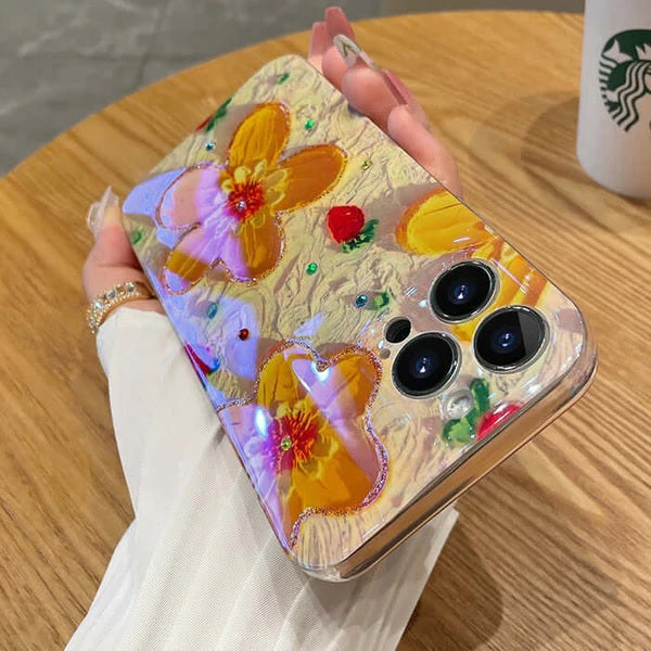 Butterfly Colorful Retro Oil Ink Painting Flower Floral Design Bling Case