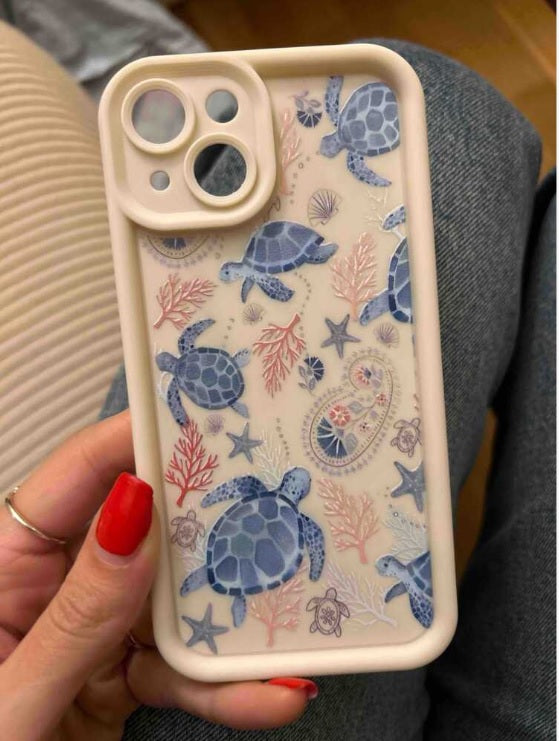 Sea Turtle Hot 3D Turtle Painting Concave Seaweed Coral Beach Cute Print Fashion Phone Case (Beige)