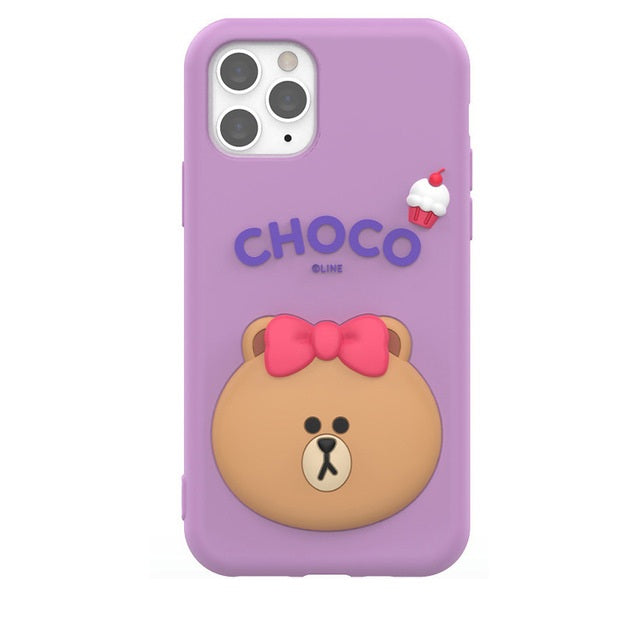 3D Cartoon Line Friends Choco Cute Teddy Soft Silicone Grip Pop with Holder Lavender Case