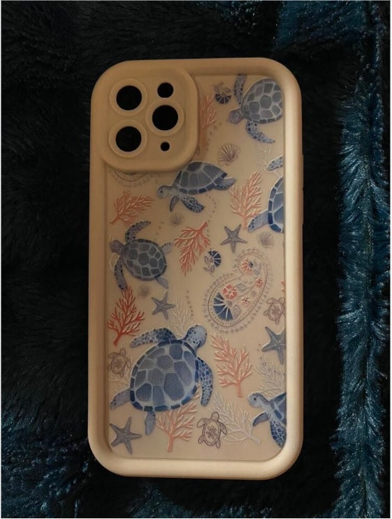 Sea Turtle Hot 3D Turtle Painting Concave Seaweed Coral Beach Cute Print Fashion Phone Case (Beige)
